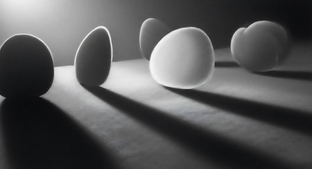 Five white eggs are arranged in a line on a textured surface, casting long, dramatic shadows under a spotlight.の写真素材