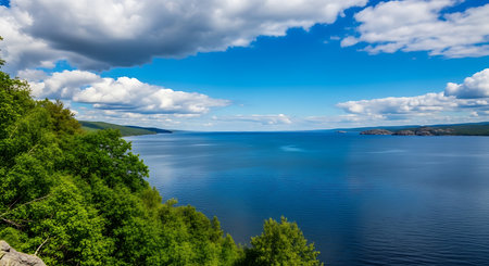 A vibrant green forest slopes down to a wide expanse of deep blue water under a bright sky with scattered white and grey clouds.の写真素材