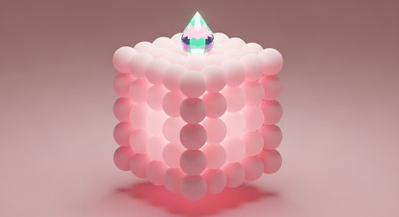 A cube formed from pink spheres is topped with a faceted crystal emitting light. Soft pink...