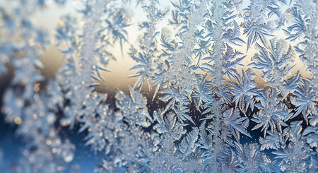 Intricate frost patterns with delicate crystalline structures cover a window pane with blue and...