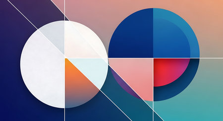Abstract geometric composition featuring overlapping circles and triangles in a gradient of blue,...