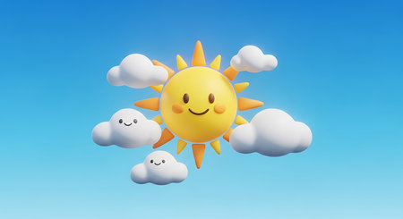 A smiling cartoon sun with orange rays is centered against a clear blue sky, surrounded by several...
