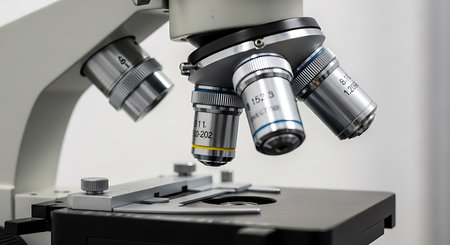A detailed close-up of a laboratory microscope's objective lenses and stage, showing metallic silver...