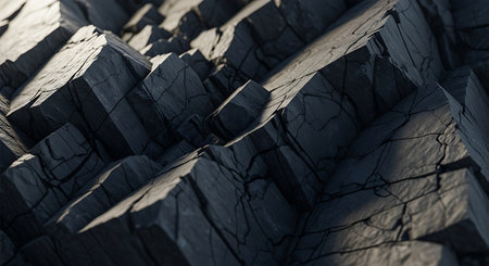 Close-up view of dark gray fractured rock with sharp geometric edges and fine cracks. Sunlight casts deep shadows across the textured surface.の写真素材