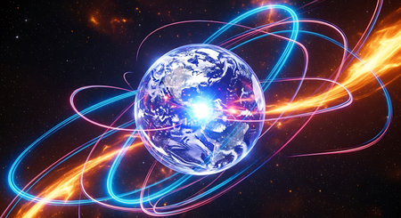 A luminous Earth is encircled by vibrant blue and pink energy trails against a dark, star-filled...