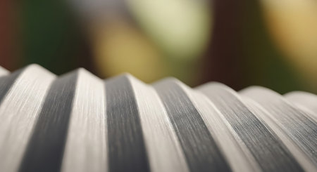 Macro view of a silver corrugated metal surface with distinct ridges and valleys. Blurred green and yellow background.の写真素材