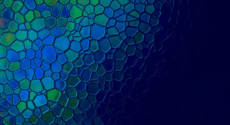 A close-up view of a textured mosaic pattern in shades of blue and green, fading into a dark blue...