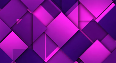 Overlapping geometric squares in shades of deep purple and bright pink create a layered abstract background with subtle shadows.の写真素材