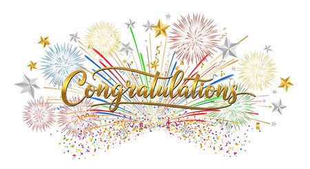 Golden script text saying Congratulations surrounded by colorful exploding fireworks and falling confetti on a white background.の写真素材