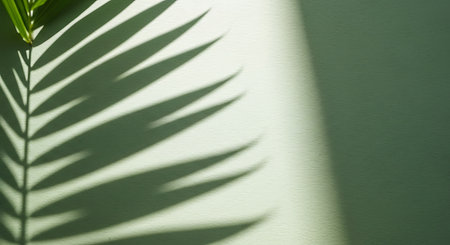 A palm leaf casts a dark green shadow on a textured light green wall. A diagonal beam of light illuminates the right side.の写真素材