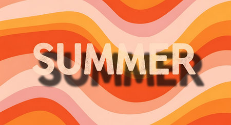 Bold white text spells SUMMER over a retro wavy background in shades of orange pink and yellow