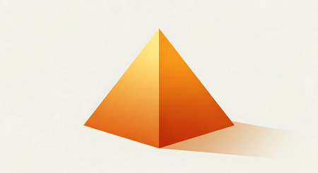 A single orange geometric pyramid with smooth gradient shading casts a soft shadow on a lightly textured off-white background.の写真素材