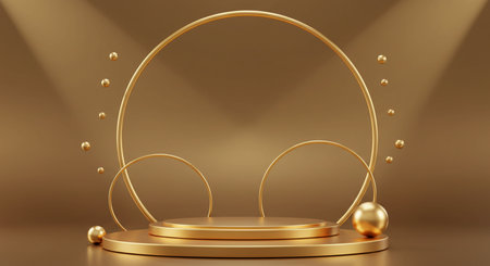 Abstract background with golden podium and round frame. 3d render illustrationの素材