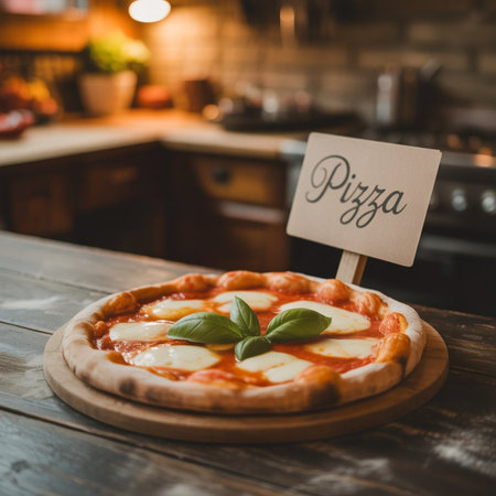 Pizza with mozzarella cheese, tomato and basil on wooden tableの素材