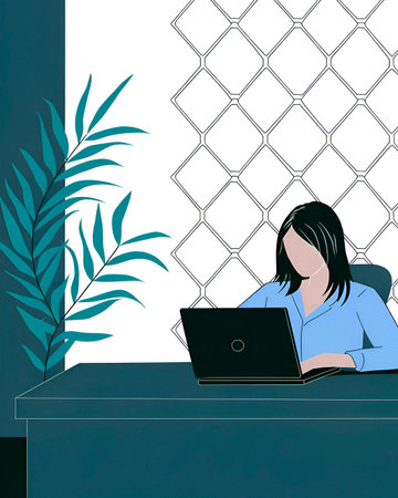 Illustration of a woman working on her laptop in the office.の素材