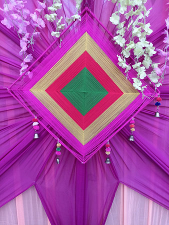 Decorative colorful entry gate for Indian marriage venue. made from cloth and wood himachal pradesh India 5の写真素材