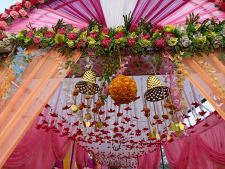 Decorative colorful entry gate for Indian marriage venue. made from cloth and wood himachal pradesh India 8の写真素材
