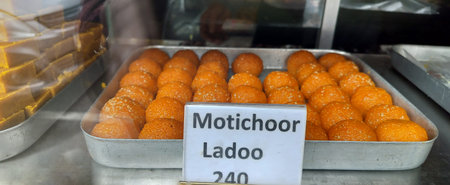 Indian sweets Dish Hindi Name Motichoor ladoo or laddu with rate cardの写真素材