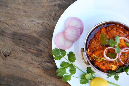INDIAN STYLE COTTAGE CHEESE VEGETARIAN CURRY DISH. Kadai Paneer - Traditional Indian or Punjabi food. Garnished with onion and chili slices.の写真素材