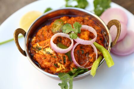 INDIAN STYLE COTTAGE CHEESE VEGETARIAN CURRY DISH. Kadai Paneer - Traditional Indian or Punjabi food. Garnished with onion and chili slices.の写真素材