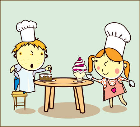 boy and girl preparing sweetsのイラスト素材