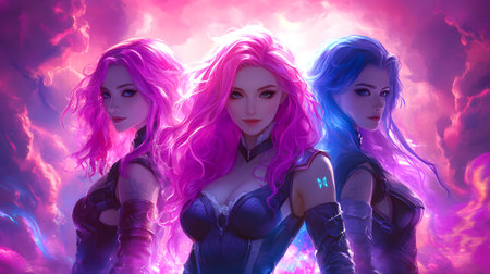 Three enchanting figures with colorful hair manifesting a mystical aura in a dreamlike setting.の素材
