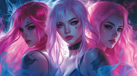 Three enchanting figures with colorful hair manifesting a mystical aura in a dreamlike setting.の素材