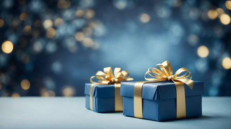Blue Christmas gift boxes with gold bow on blue defocused holiday backgroundの素材