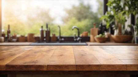 Wooden table on blurred kitchen bench background. Empty wooden table and blurred kitchen backgroundの素材