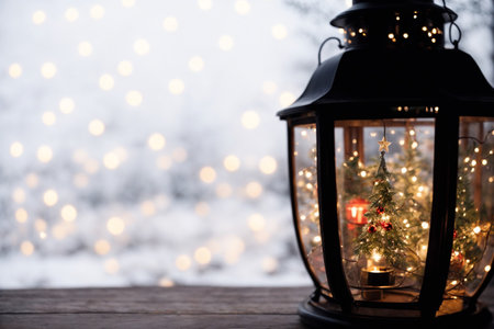 Christmas lantern with fairy lights and glowの素材