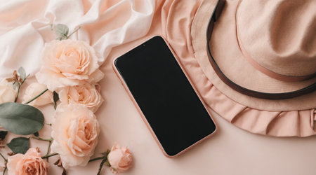 Flatlay mobile phone. Aesthetic elegant blog, online shopping, online store, social media branding template with blank copy space.の素材