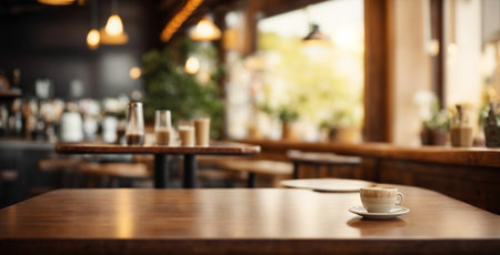 This stunning coffee shop photograph featuring a cozy shelf and table setup, perfect for a cafe or restaurant decor. The bokeh effect in the backgroundの素材