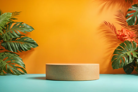 Summer themed tropical podium for display product. Background for cosmetic product branding, identity and packagingの素材