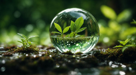 Transparent water drops in the shape of a shiny ball with green plant growing through it on wet ground. Environmental design.の素材