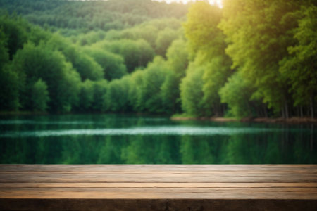 The empty wooden table top with blur background of summer lakes green forest. High quality photoの素材