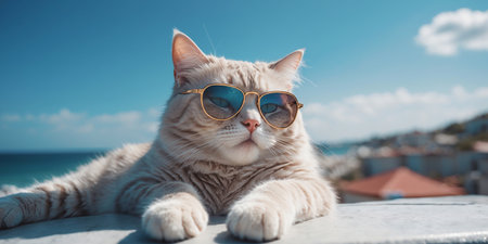 A cat with fashion sunglasses, is lying On the roof, traveling at the beach, photography, photorealistric, 8k, ultrawide angle lens, wide angle view, full - bodyの素材