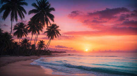 Gorgeous tropical sunset over beach with palm tree silhouettes Perfect for summer travel and vacationの素材