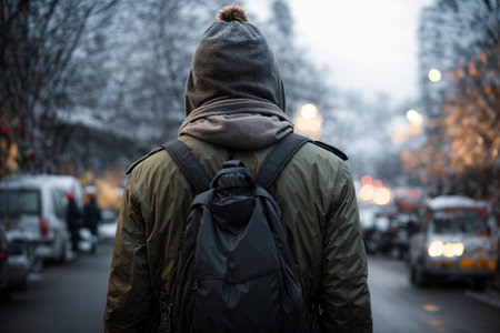 Back view of man posing with winter hood on roadの素材