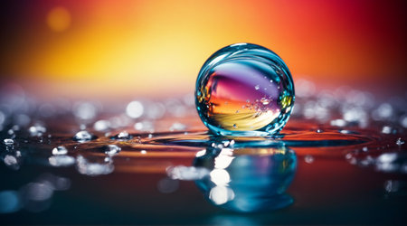 A water drop reflecting a colorful sceneの素材