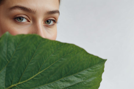 Natural skincare beauty portrait of a beautiful young woman hiding her face behind a green herbal leaf while looking at the camera. High-quality studio photo of natural cosmetics and beauty herbalの素材