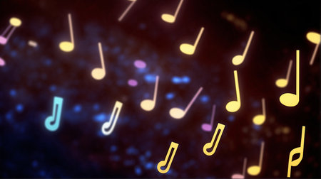 music note on a black background, blurry lights, gold musical note, bokeh, abstract background, concert, music party, singing event, music eventの素材