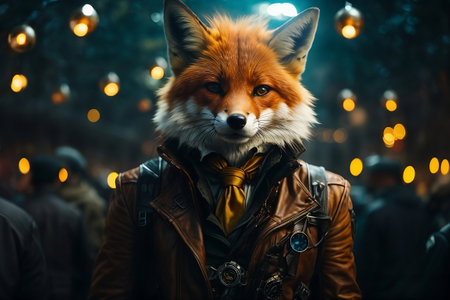 Fox Wearing Leather Jacket and Yellow Tie for a Stylish Lookの素材