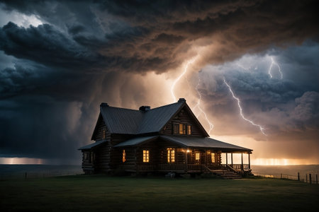 House in Field With Storm Approachingの素材