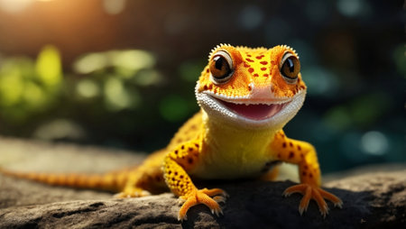 Yellow and Orange Gecko Perched on Rockの素材