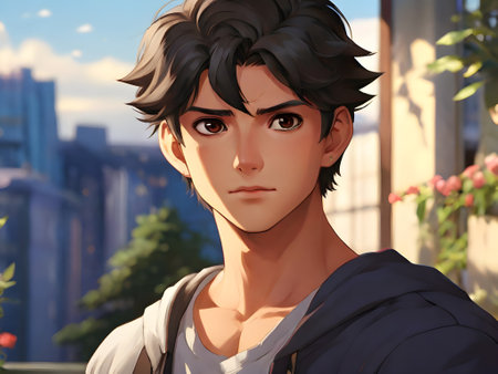 a digital illustration of a young man with dark hair and a serious expressionの素材