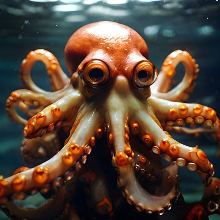 An octopus with eight legs and big eyes is in the water.の素材