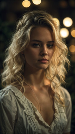 A blonde woman in a white top looks off to the sideの素材