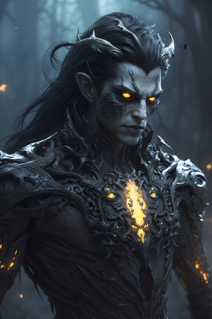 a male creature with long black hair and horns, glowing yellow eyes, and armor that has intricate patterns and flames on itの素材