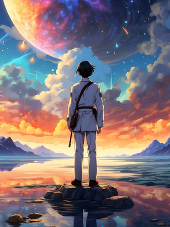 a man stands on a rock in front of a vast sky filled with clouds and a huge planetの素材
