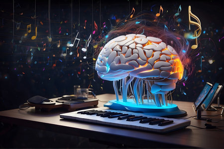 A brain is on a desk with a keyboard in front of it and notes flying around.の素材